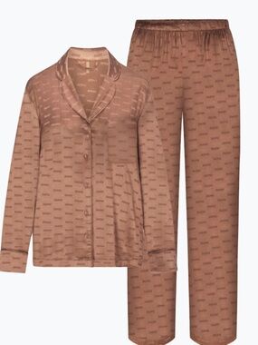 SKIMS Satin Monogram sleep set in Warm Brown